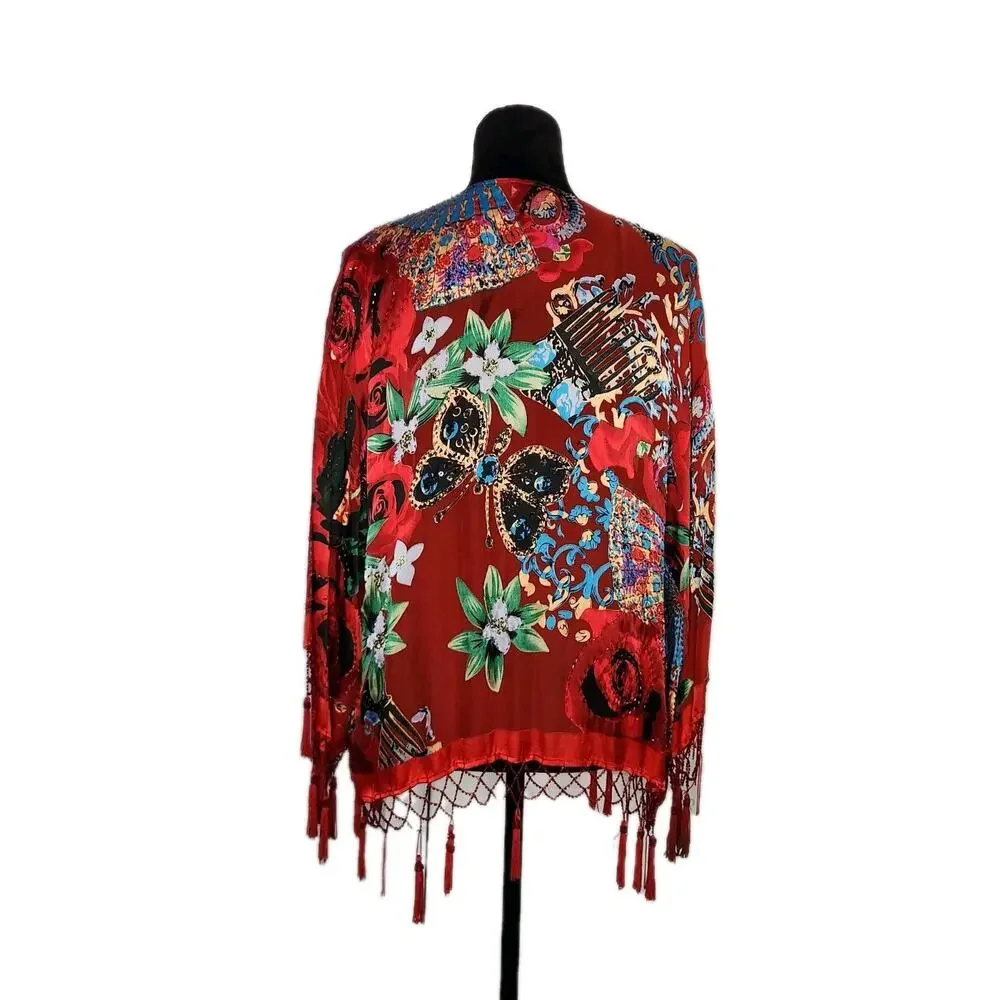 Aria A Vintage Beaded Tassels Silk Blend Floral Kimono Red Multicolor Gipsy Boho - Picture 3 of 9